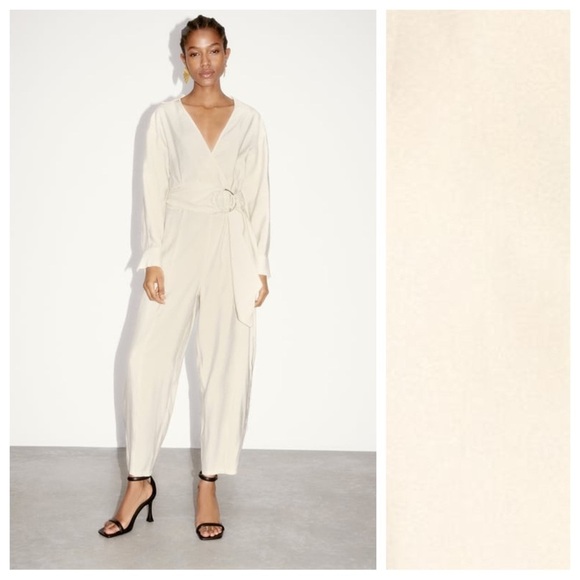 Zara Pants - NWT. Zara Cream Modal Blend Double-Breasted Jumpsuit with Gold Buckle. Size L.